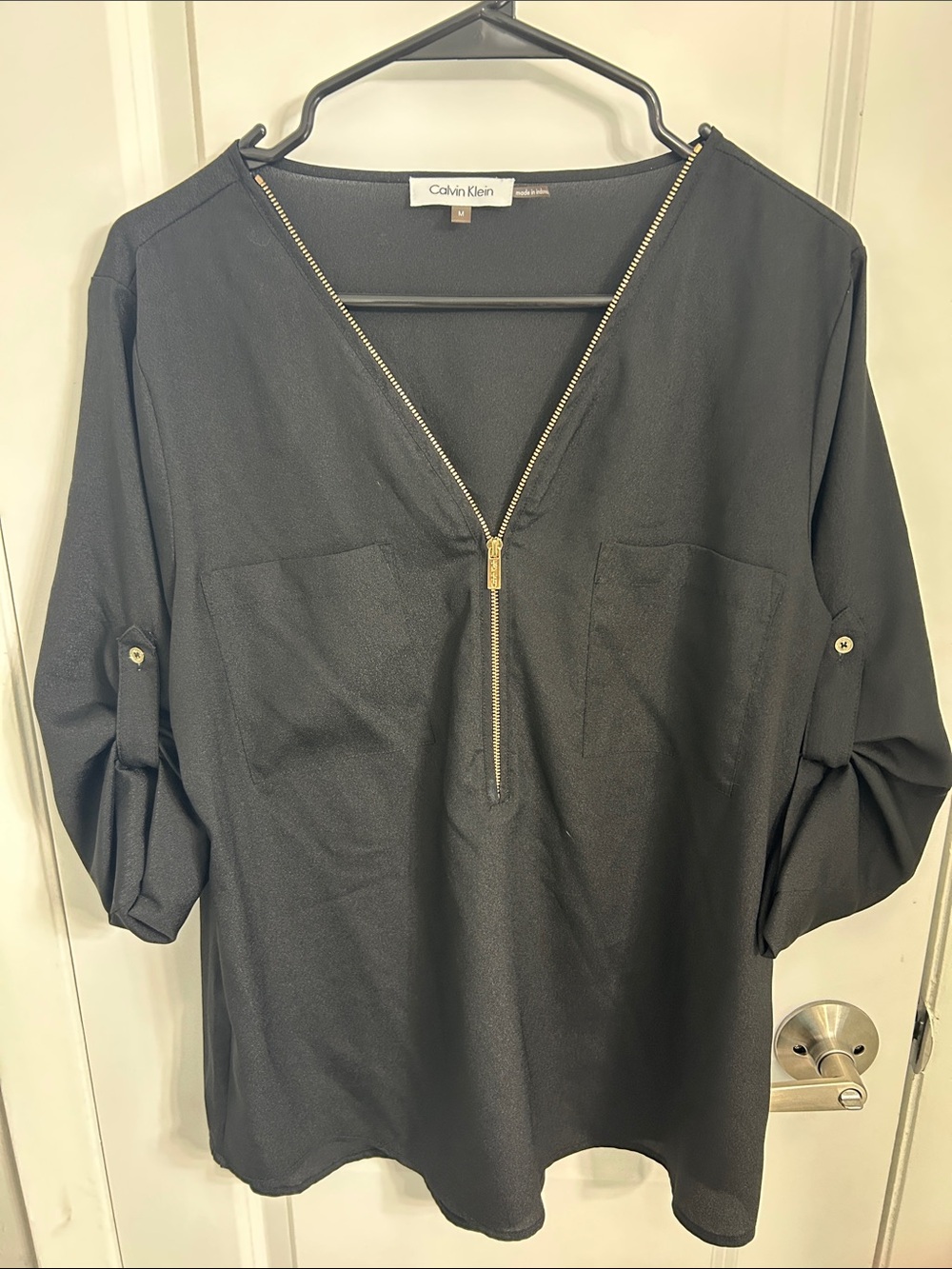 Calvin Klein Black Zip V-Neck Tunic with Gold Zipper